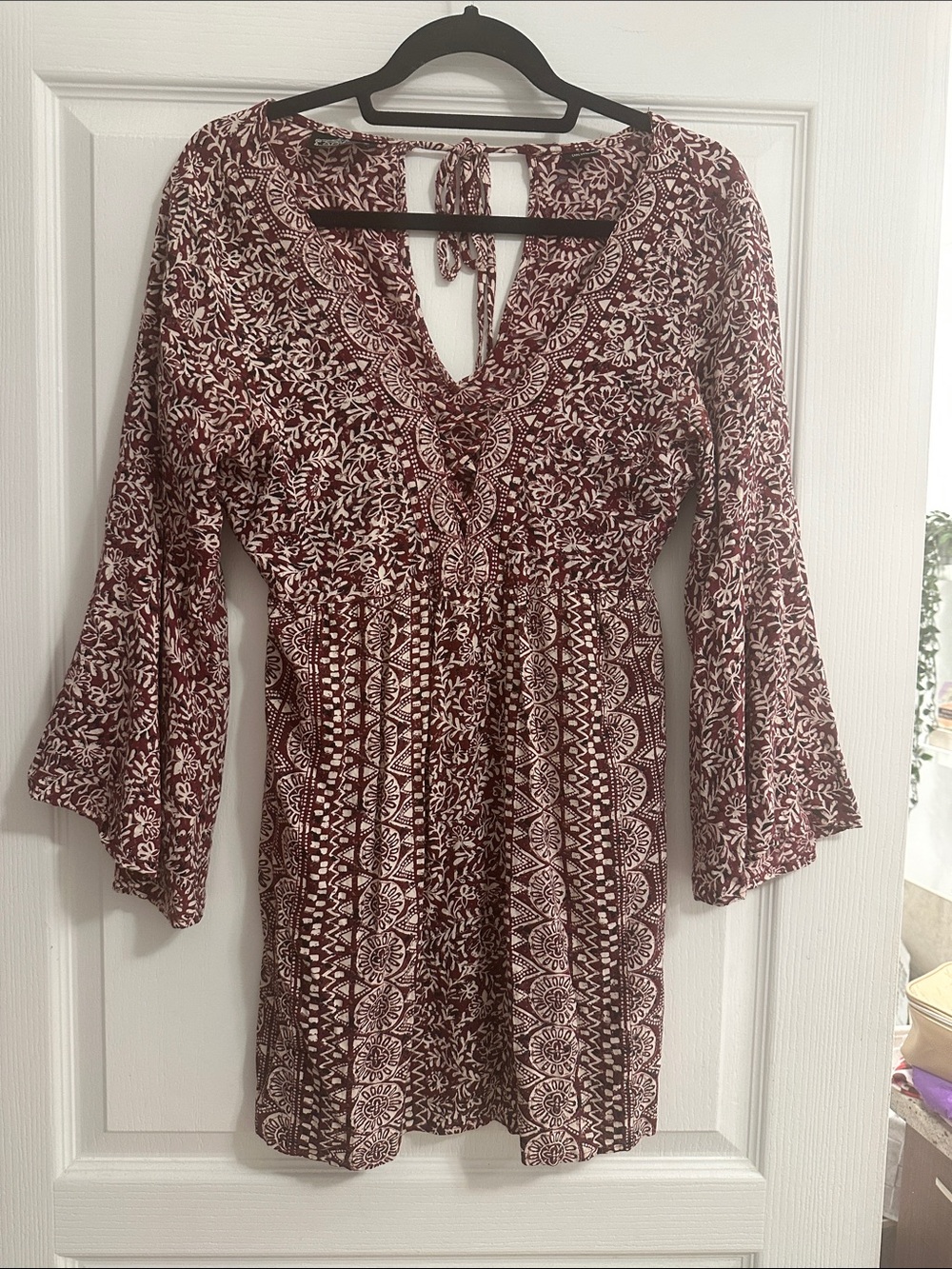 Angie Burgundy and Cream Boho Tie-Back Long Sleeve Mini Dress